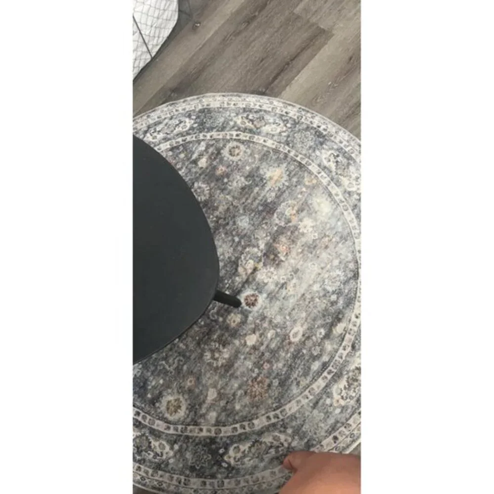 New 4ft Washable Grey Circular Rug, Non-Slip Low Pile Carpet for Bedroom & Dorm